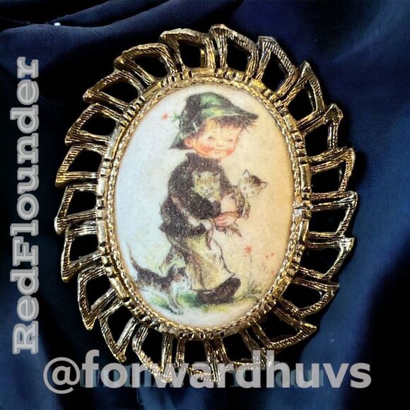 Hand-Painted MJ Hummel Style Porcelain Brooch in Bronze Oval Frame - Picture 5 of 10